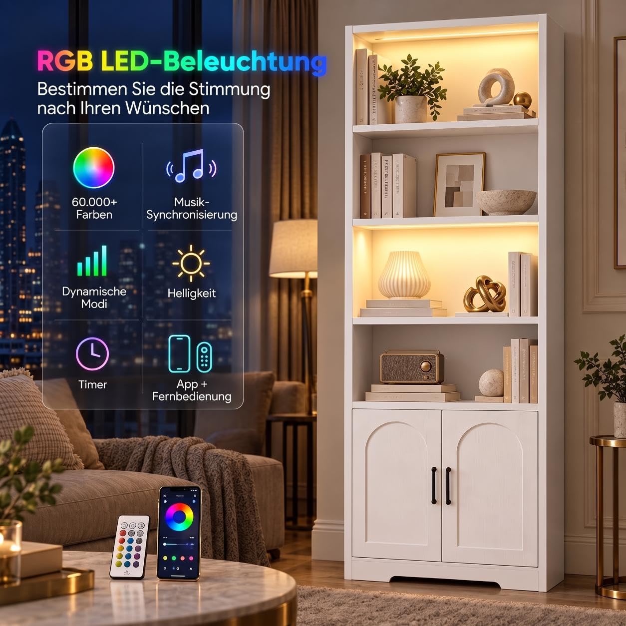 IRONCK 190cm Bücherregal Bücherschrank mit LED-Beleuchtung & Türen, weiß