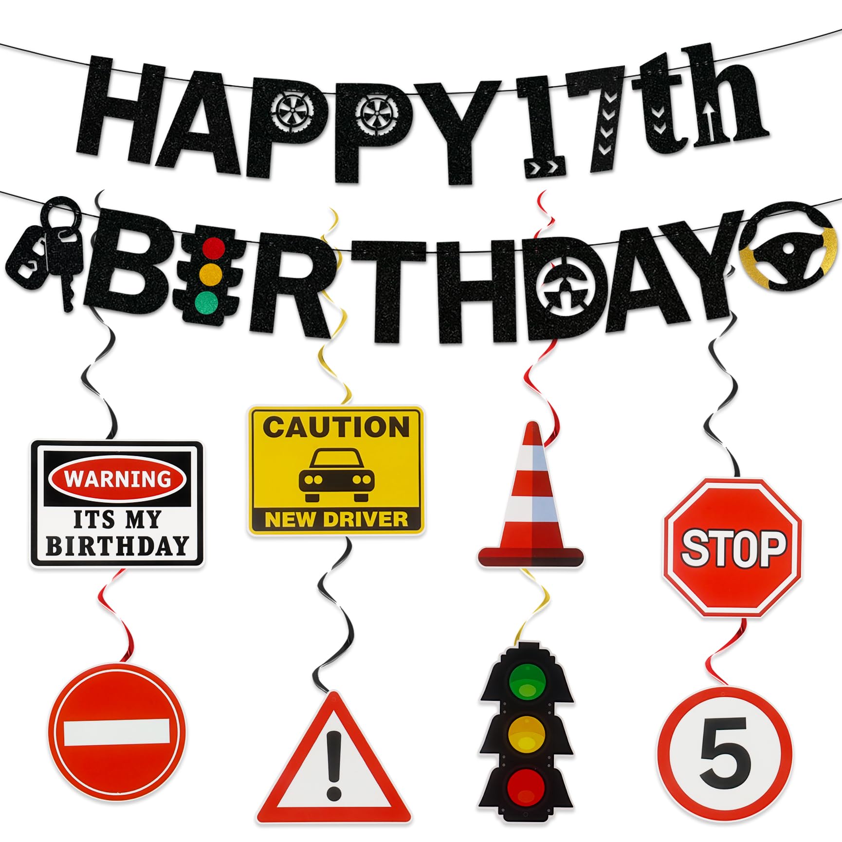 17th Birthday Decorations Learner Driver Garland Hanging Swirls 17th Birthday Banner New Driver Car Road Signs Hanging Decor for 17 Birthday Party Supplies