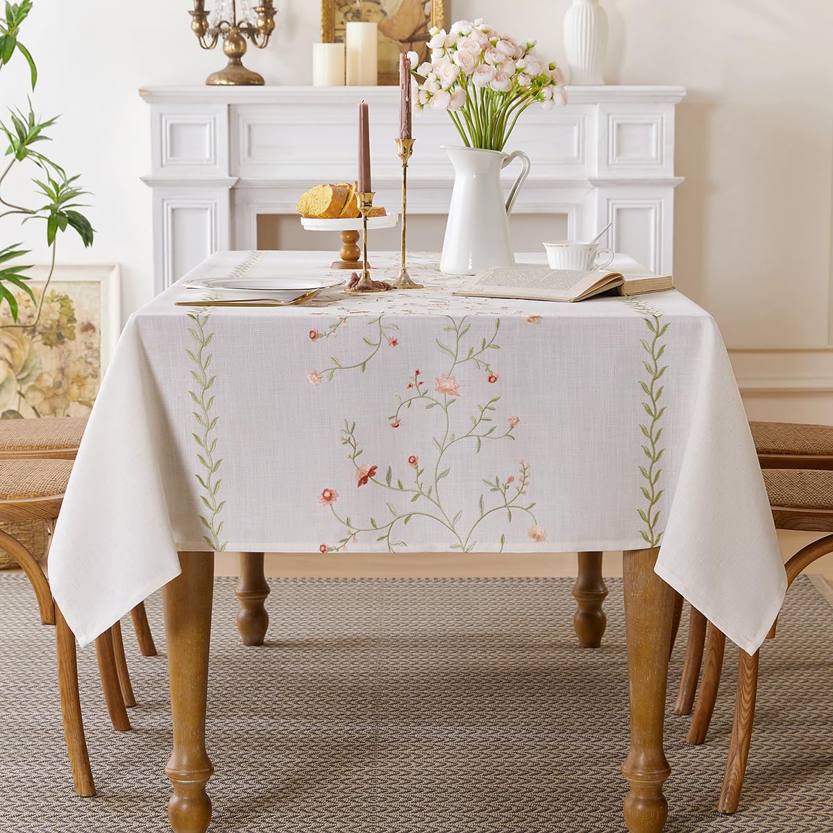 Linen Style Embroidered Tablecloth, Waterproof and Wrinkle-Resistant Table Cloth Rectangle Tables, Farmhouse Floral Rectangle Table Cover for Dining Room and Outdoor Parties(Green, 55"x102")