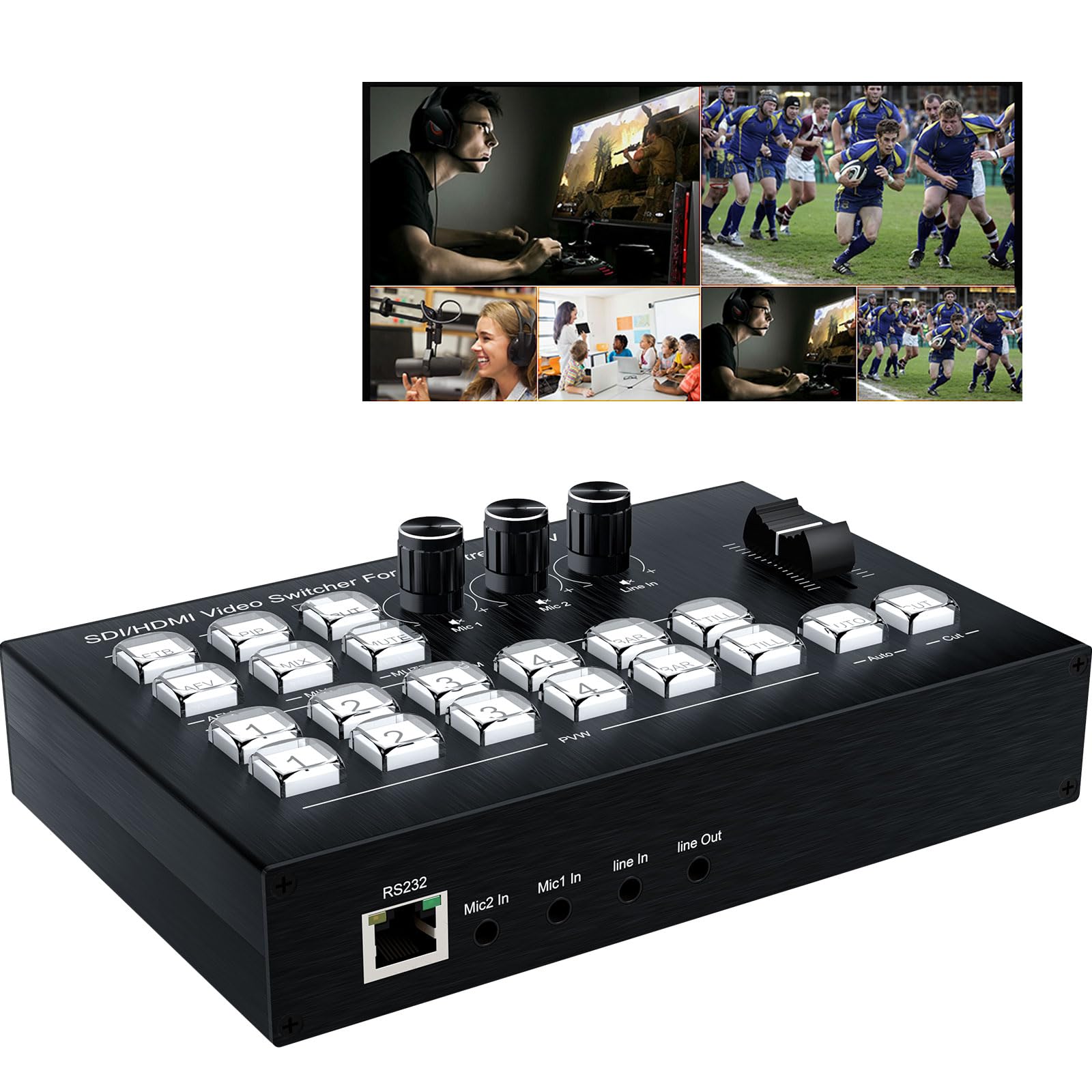 Live Streaming Video Mixer, 4 HDMI 4 Channel Input Video Switcher 2 Output HDMI Switcher, Support 1080P@60Hz, HDCP 1.4, Digital Audio Mixer Professional Streaming