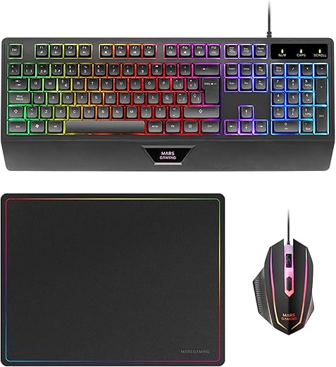 MARSGAMING MCP124, Combo Gaming 3en1, Teclado Ergonómico H-Mech LED RGB, Ratón RGB 3200DPI Switches HUANO, Alfombrilla Nanotextil 360x260mm, Compatibilidad Multiplataforma, Layout Español, Negro