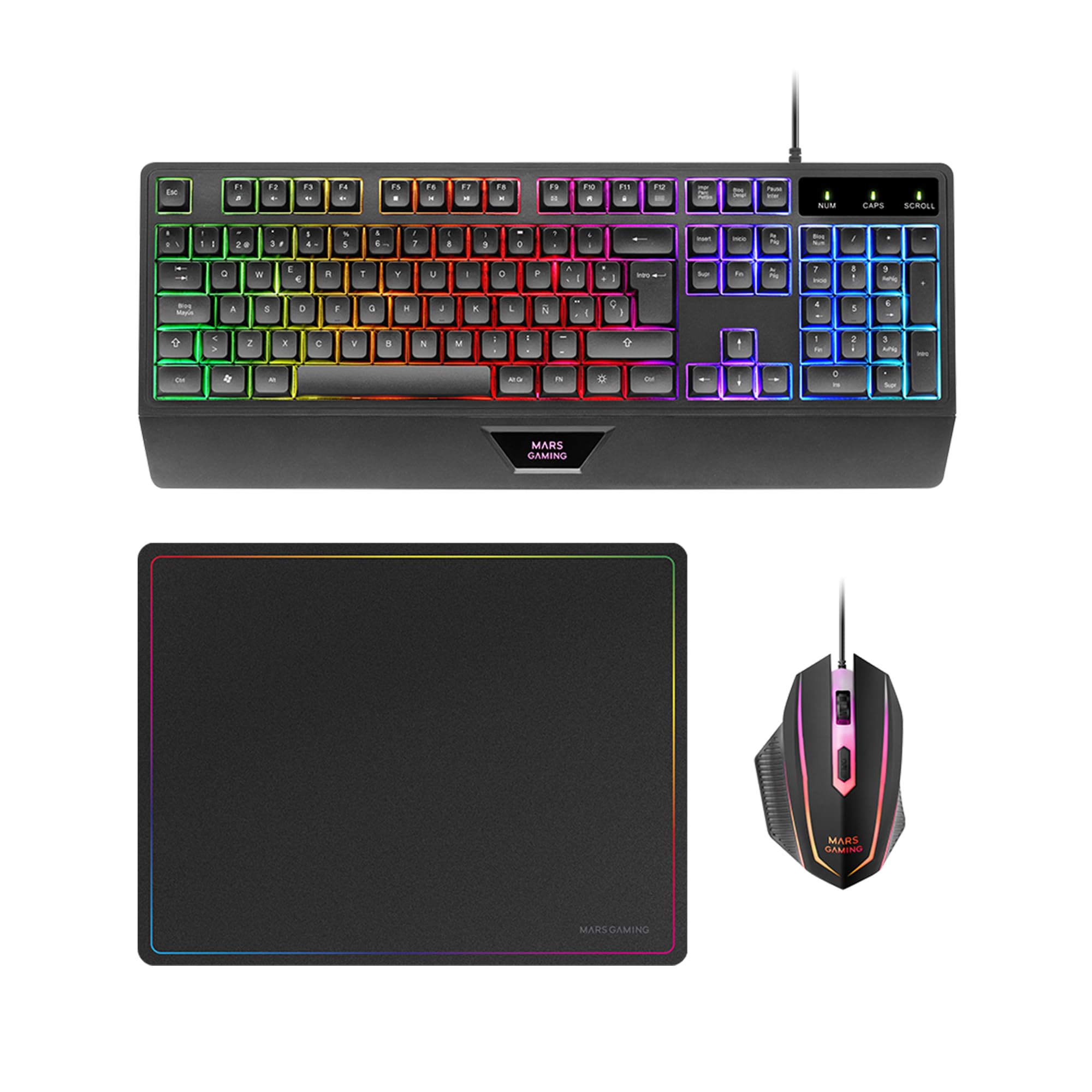 MARSGAMING MCP124, Combo Gaming 3en1, Teclado Ergonómico H-Mech LED RGB, Ratón RGB 3200DPI Switches HUANO, Alfombrilla Nanotextil 360x260mm, Compatibilidad Multiplataforma, Layout Español, Negro