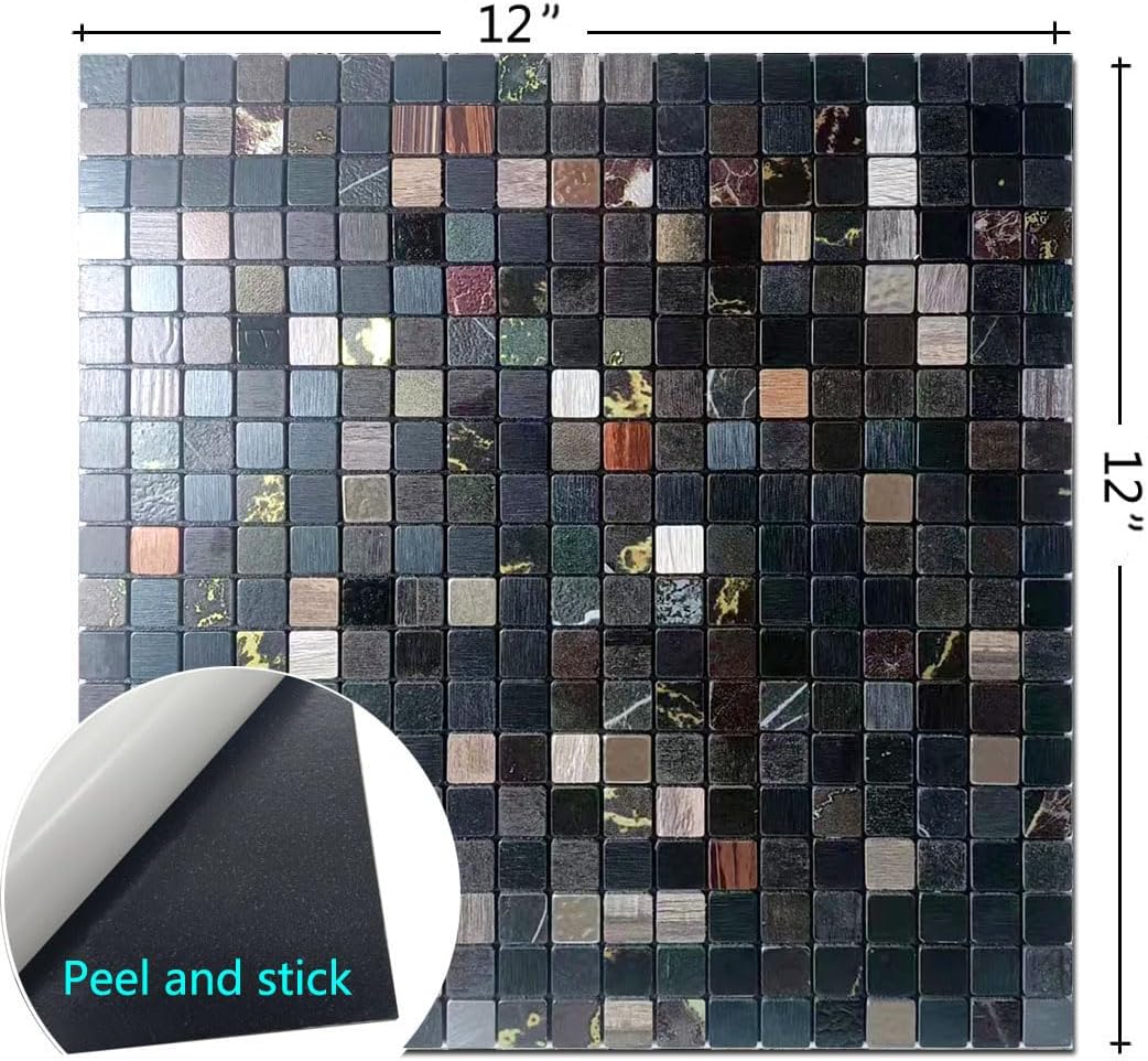 weimeisc 10 Sheets Peel and Stick Backsplash Tile for Kitchen, Self-Adhesive Mosaic Tile, Stick on Bathroom Vanities，Fireplace Décor, Laundry Table(12" X 12") (Black Printing)