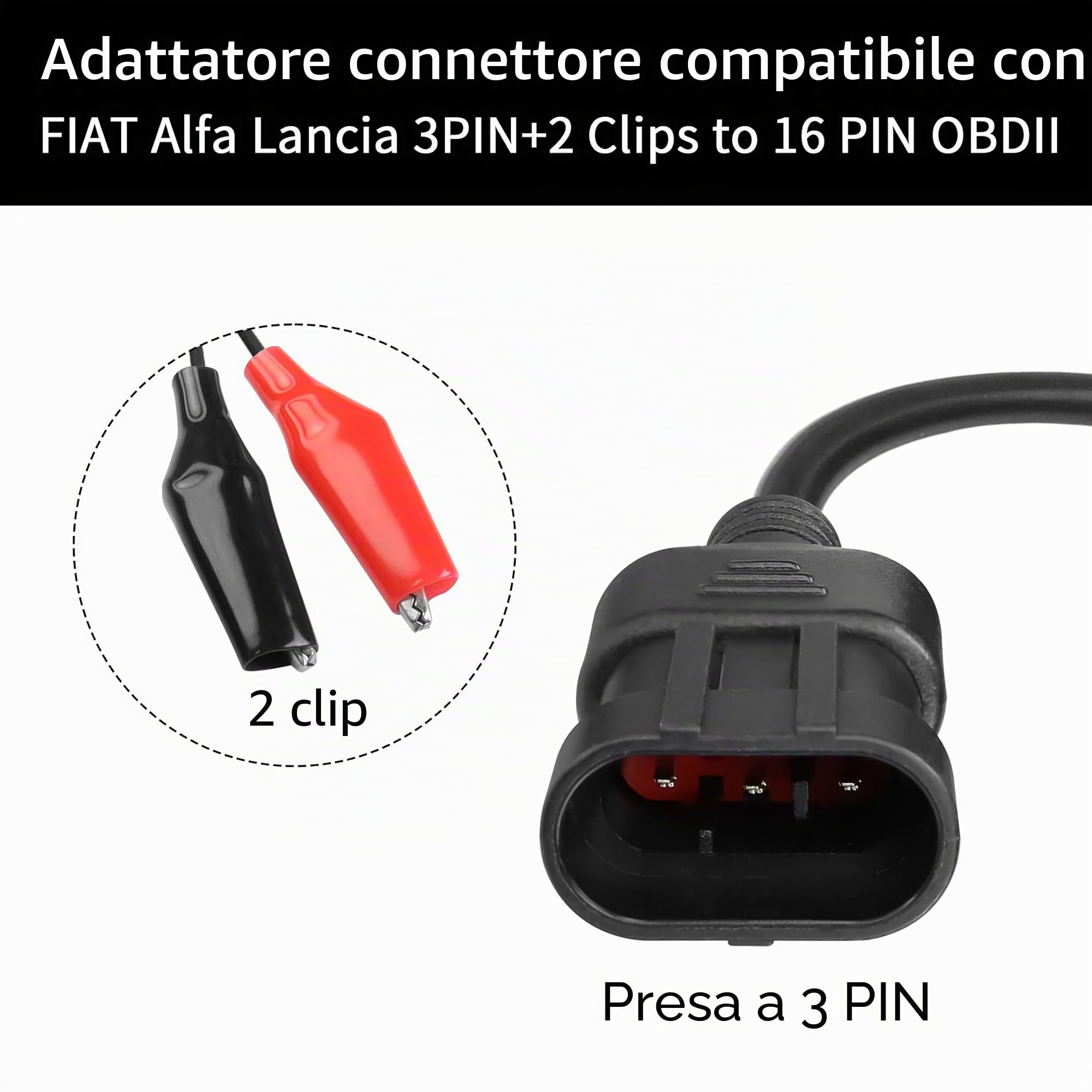 YACSEJAO Adattatore da 3 pin a 16 pin OBD2, connettore diagnostico per auto OBD OBDII a 3 pin maschio a 16 pin femmina con clip a coccodrillo per auto Fiat Alfa Romeo Lancia