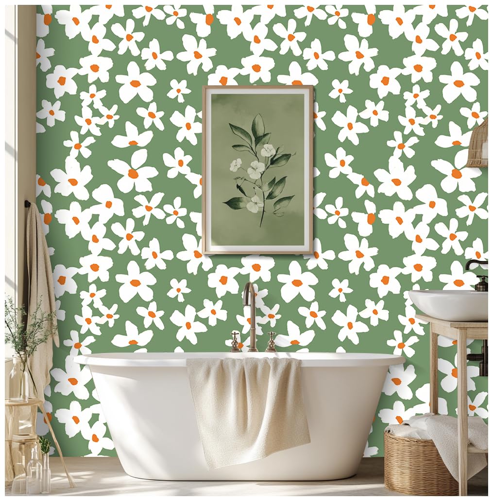 HAOKHOME Green Peel and Stick Wallpaper Floral Green/White/Orange Removable Wall Paper for Nursery Bathroom Textured Stick on Contact Paper 17.3in x