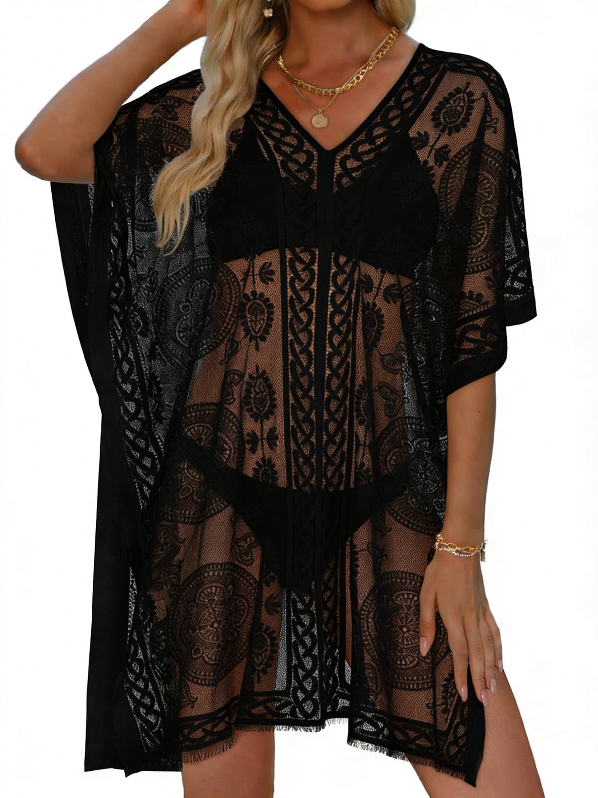 Womens Lace Bathing Suit Cover Up V Neck Swimsuit Coverup Summer Swim Coverups Loose Bikini Beach Dress