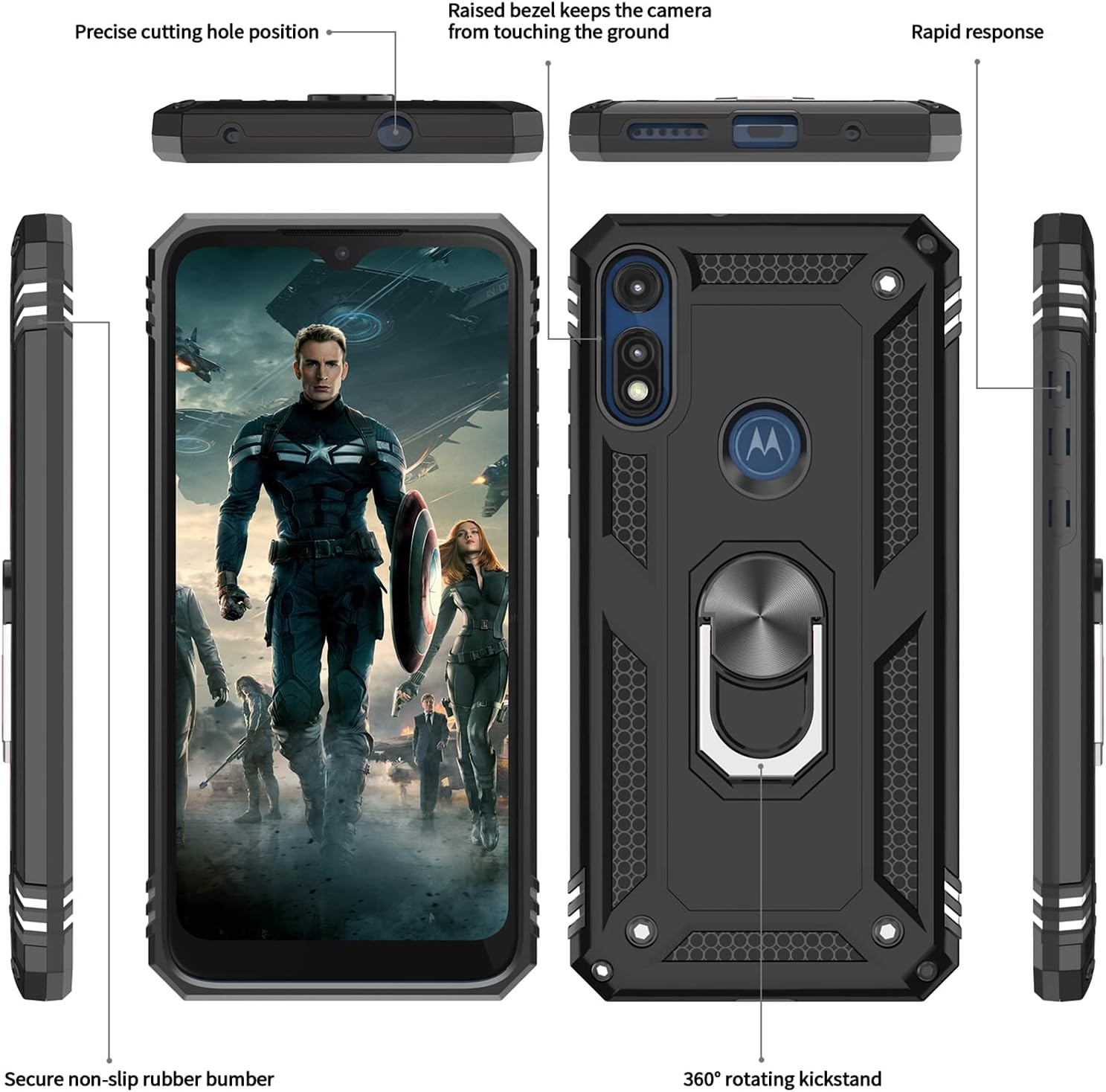 LeYi for Moto E Phone Case (2020) with [2 Pack] Tempered Glass Screen Protector, Military-Grade Protective Phone Case with Magnetic Ring Kickstand for Motorola Moto E 2020 Case, Black