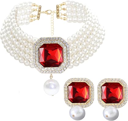 Chunky Imitation Pearl Choker Necklace for Women Crystal Rhinestone Pearl Collar Statement Necklaces Earrings Bridal Pearls Faux-Diamond jewelry Set for Wedding
