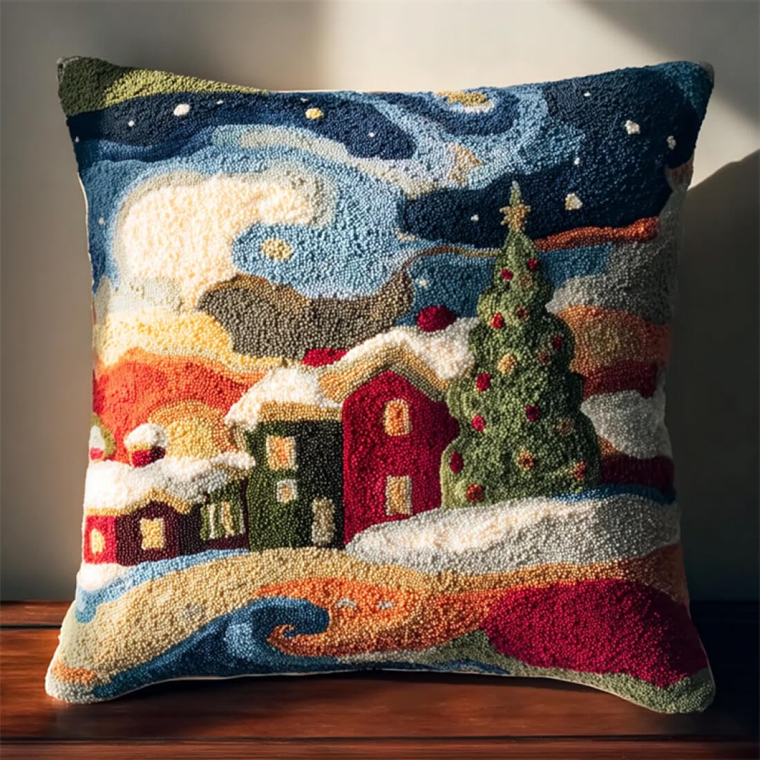 Kitquiver Cushion Making Kit Cartoon Town Scenery DIY Latch Hook Rug Kit for Beginners Embroidery Cushion Canvasfor Adult Beginners 17x17In