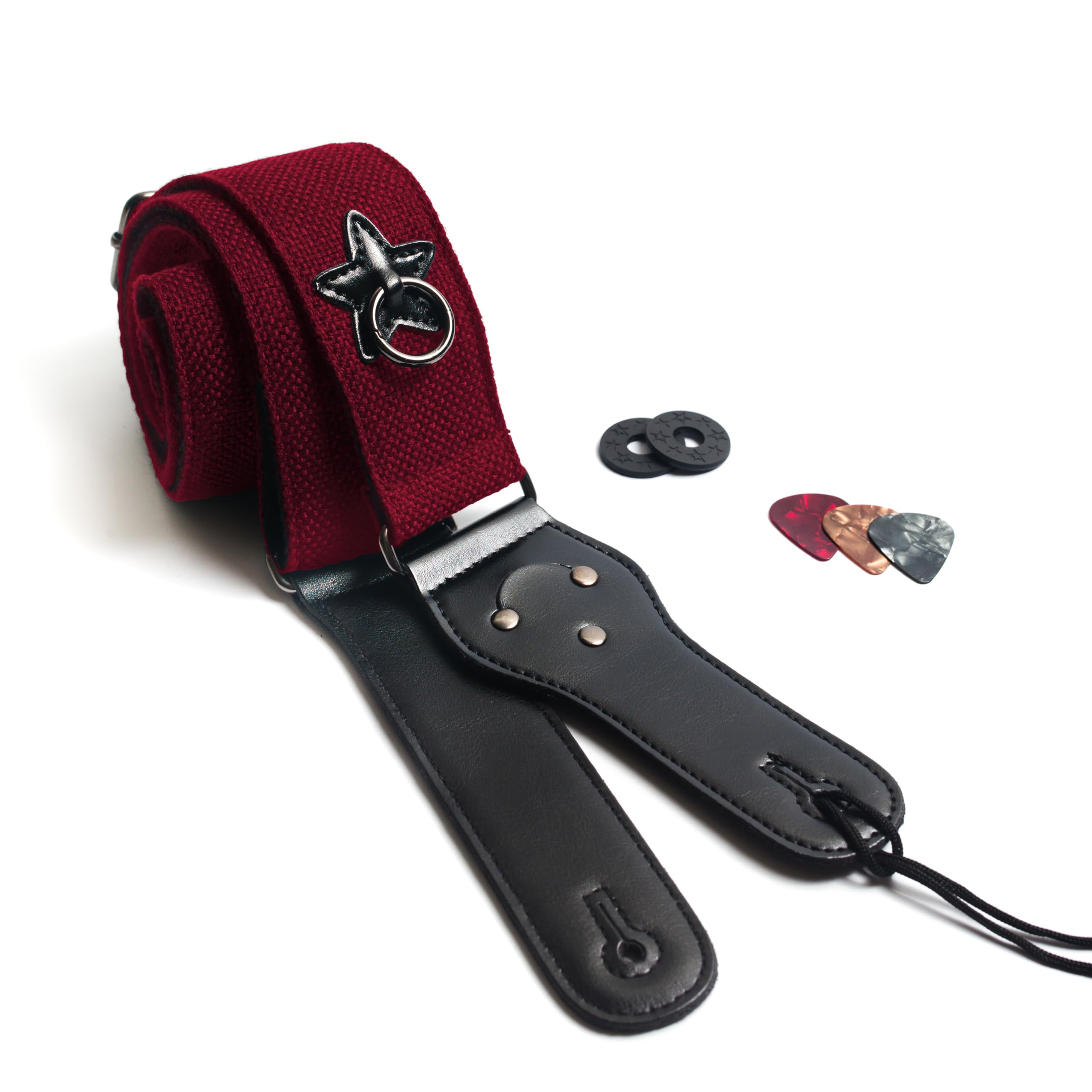 Star Patch Guitar Strap For Bass, Electric & Acoustic Guitar, Strap Locks Included (Red)