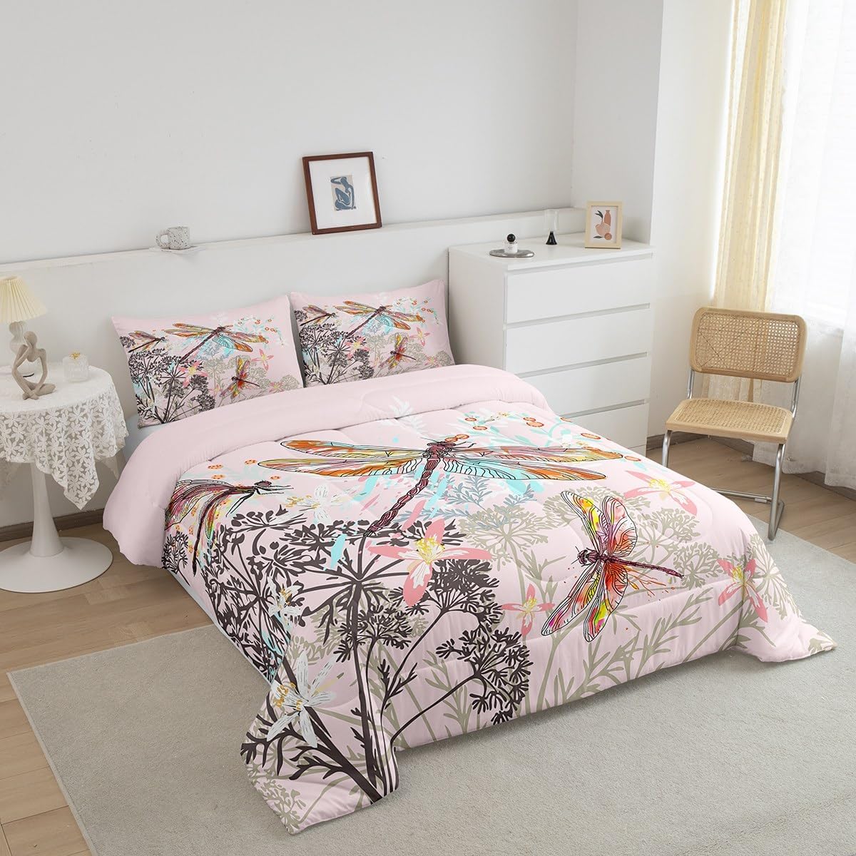 Feelyou Dragonfly Comforter Set Queen Size Dandelion Floral Bedding Set for Kids Girls Teens Women Bedroom Decor Nature Animals Botanical Quilted Duvet Pink,2 Pillowcases