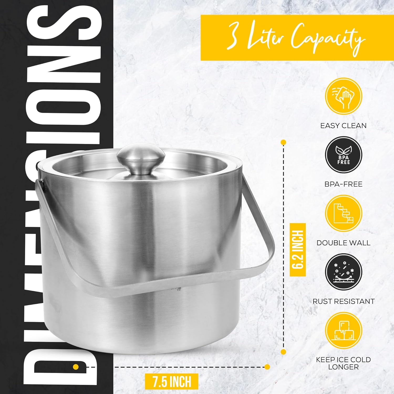 Ice Bucket with Lid, Ice Tongs, Spoon, and Strainer - Double Walled Insulated Stainless Steel to Keep Ice Frozen Longer - Perfect for Parties, Cocktail Bar, Chilling Wine, Champagne - Size 3 Liter
