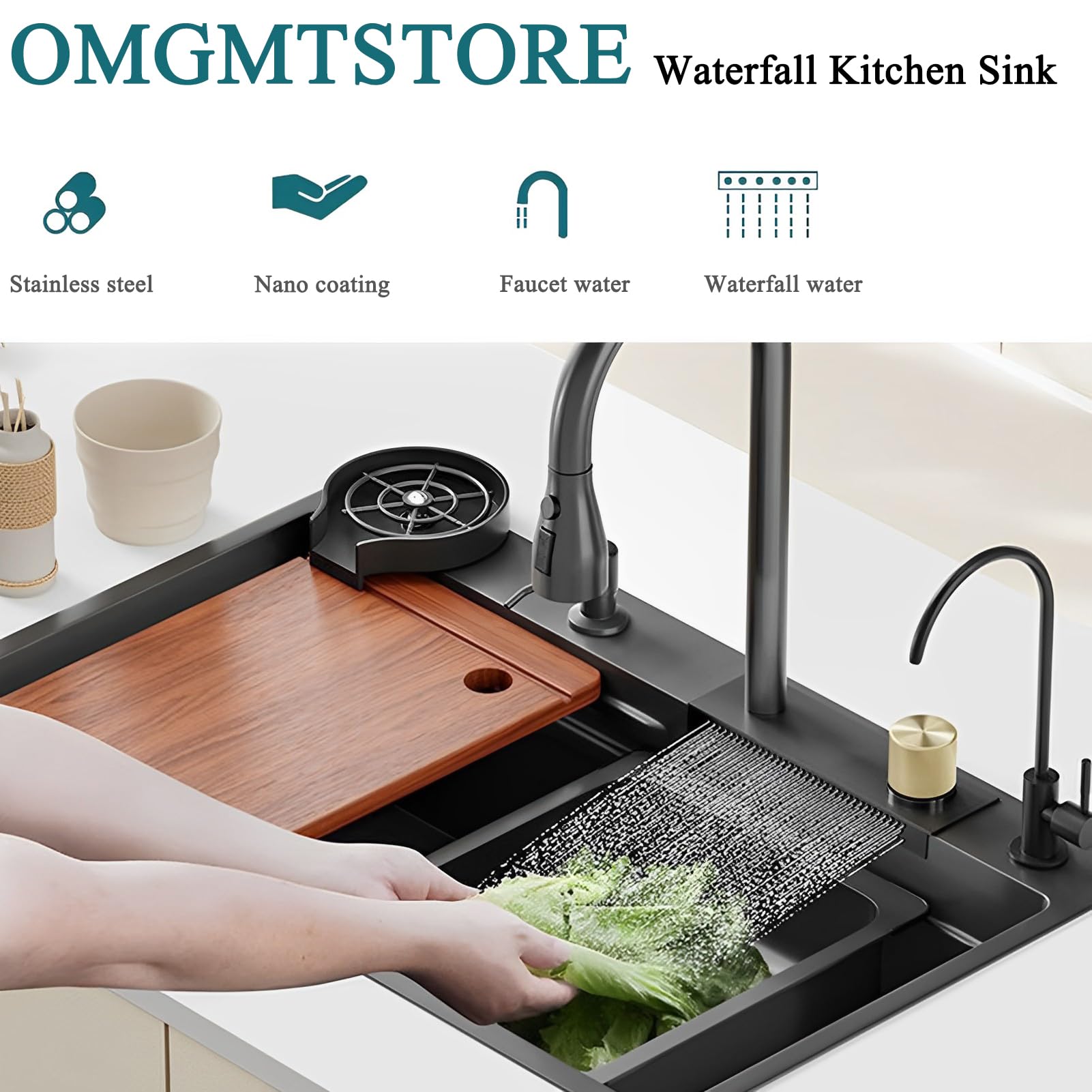 Fregadero de cocina de 85 x 50 cm, de montaje superior, de acero inoxidable, con lavabo individual, multifuncional, con grifo extraíble y accesorios completos