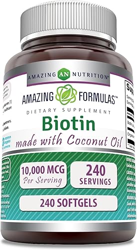 Amazing Formulas Biotina con suplemento de aceite de coco orgánico extra virgen, 10000 Mcg, cápsulas blandas, sin OMG, sin gluten, fabricado en