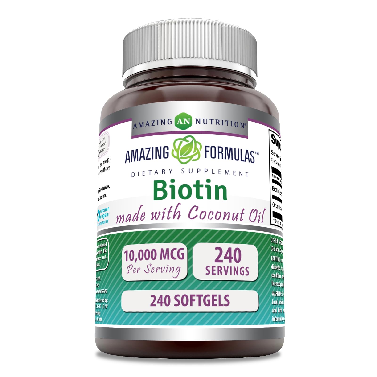 Amazing Formulas Biotin with Extra Virgin Organic Coconut Oil Supplement | 10000 Mcg | Softgels | Non-GMO | Gluten-Free | Made in USA (1 Pack, 240 Count) 240 Count 1 Count (Pack of 1)