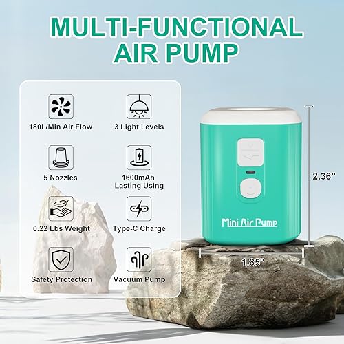 Miniatura 2 de Portable Air Pump for Inflatables Mini Air Pump with 1600mAh Battery & Camping Light - Rechargeable Electric Pump for Vacuum Storage Bags, Air