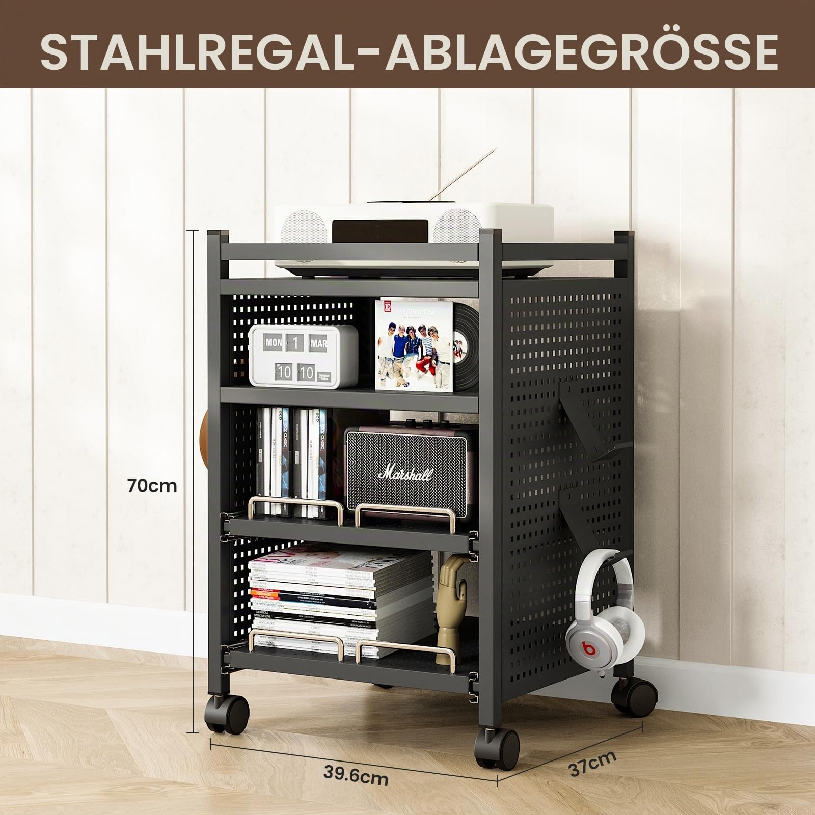 Sightlife Eckregal Stehend mit 4 Ebenen Standregal Eckregal Beistelltisch Audio Rack Nachttisch Side Table Schallplattenständer Bücherregal Eck-Stereo-Ständer Mit Rollen