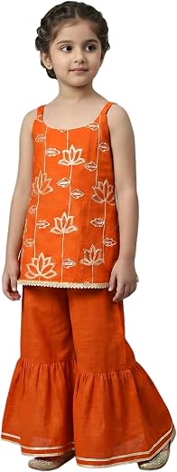 SHAHUDI DESIGNER Girls Orange Embroidered Ethnic Wear Set, Sleeveless Top with Sharara Pants, Traditional Indian Outfit