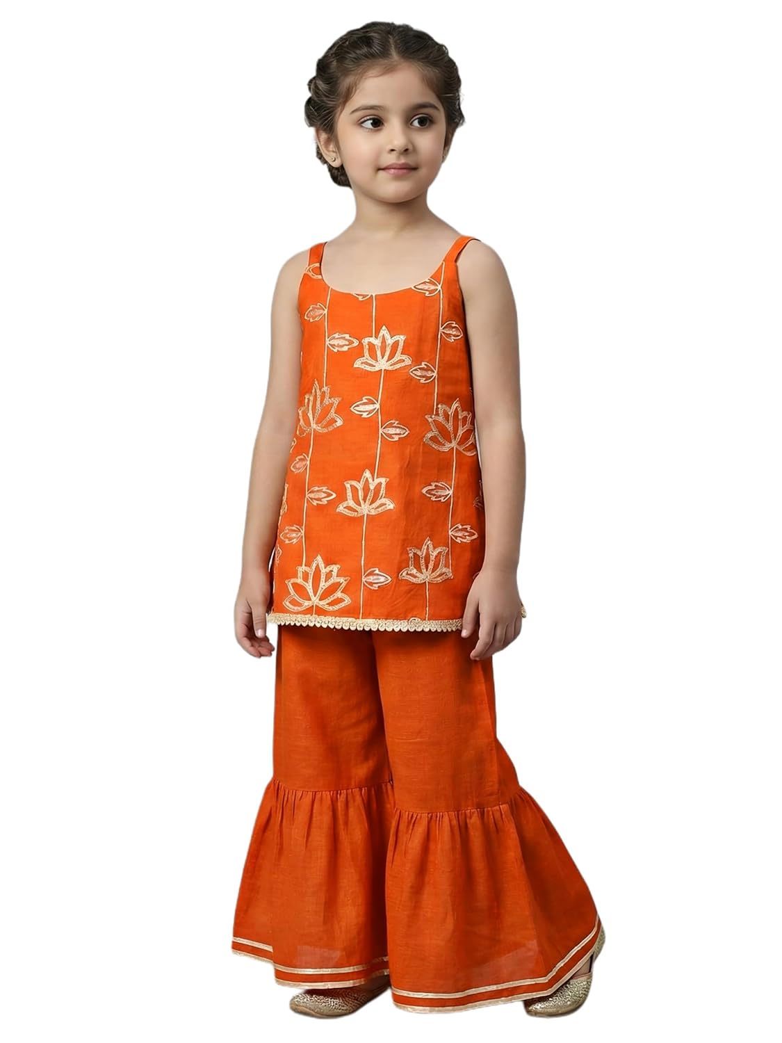 SHAHUDI DESIGNER Girls Orange Embroidered Ethnic Wear Set, Sleeveless Top with Sharara Pants, Traditional Indian Outfit - Review, Price and Buying Guide