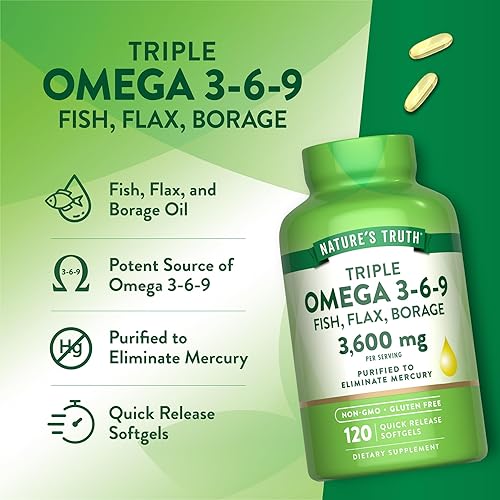 Miniatura 5 de Nature's Truth Omega 3-6-9 cápsulas blandas  3600 mg  120 unidades  Aceite de pescado, lino y borraja  Triple fuerza  Suplemento sin OMG y sin gluten