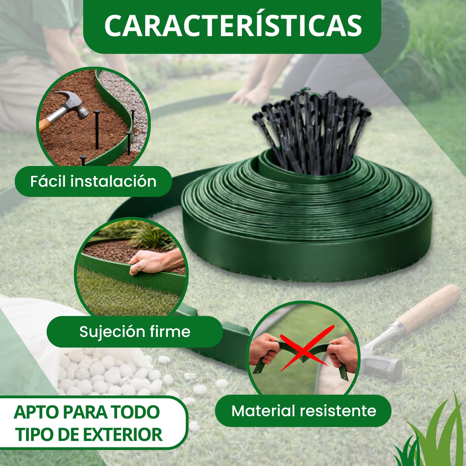 PLANTAWA Borde para Césped Artificial Verde 10m, 30 piquetas | Delimitación y Fijación del Perímetro, Contención de Materiales y Acabado Profesional | Flexible, Discreto y Resistente para Jardín