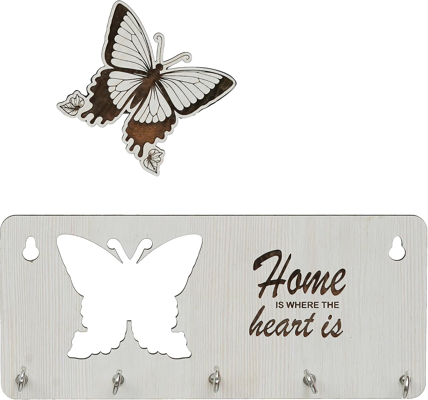 Webelkart Premium Home is Where The Heart is Wooden Key Holder for Home/Office Decor, Key Hanger for Wall Decor,Key Stand (with Butterfly Cutout)