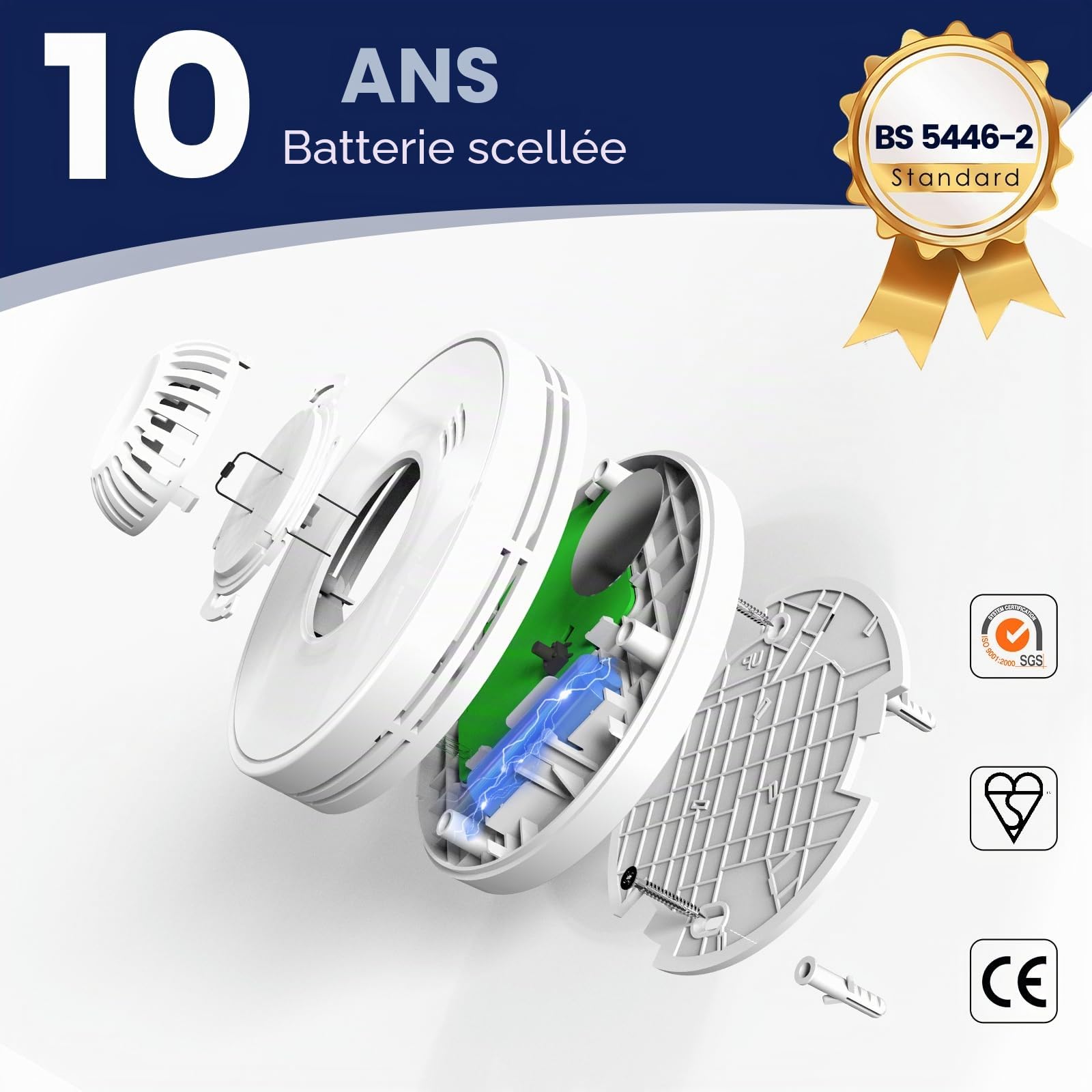 Alarme de chaleur autonome de 10 ans, détecteur de chaleur pour la maison et le bureau, batterie scellée de 10 ans avec kit d'installation inclus, conforme à la norme BS 5446-2:2003