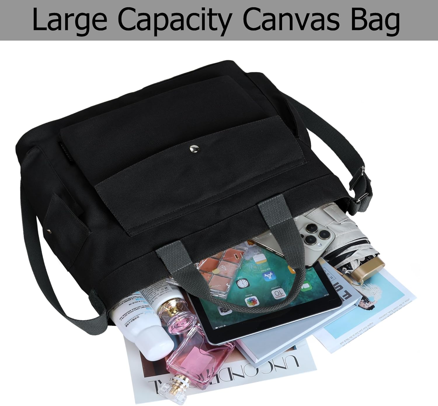 Canvas Messenger Tote Bag Large Hobo Crossbody Bag with Multiple Pockets Casual Shoulder Handbag for Women and Men - Image 6