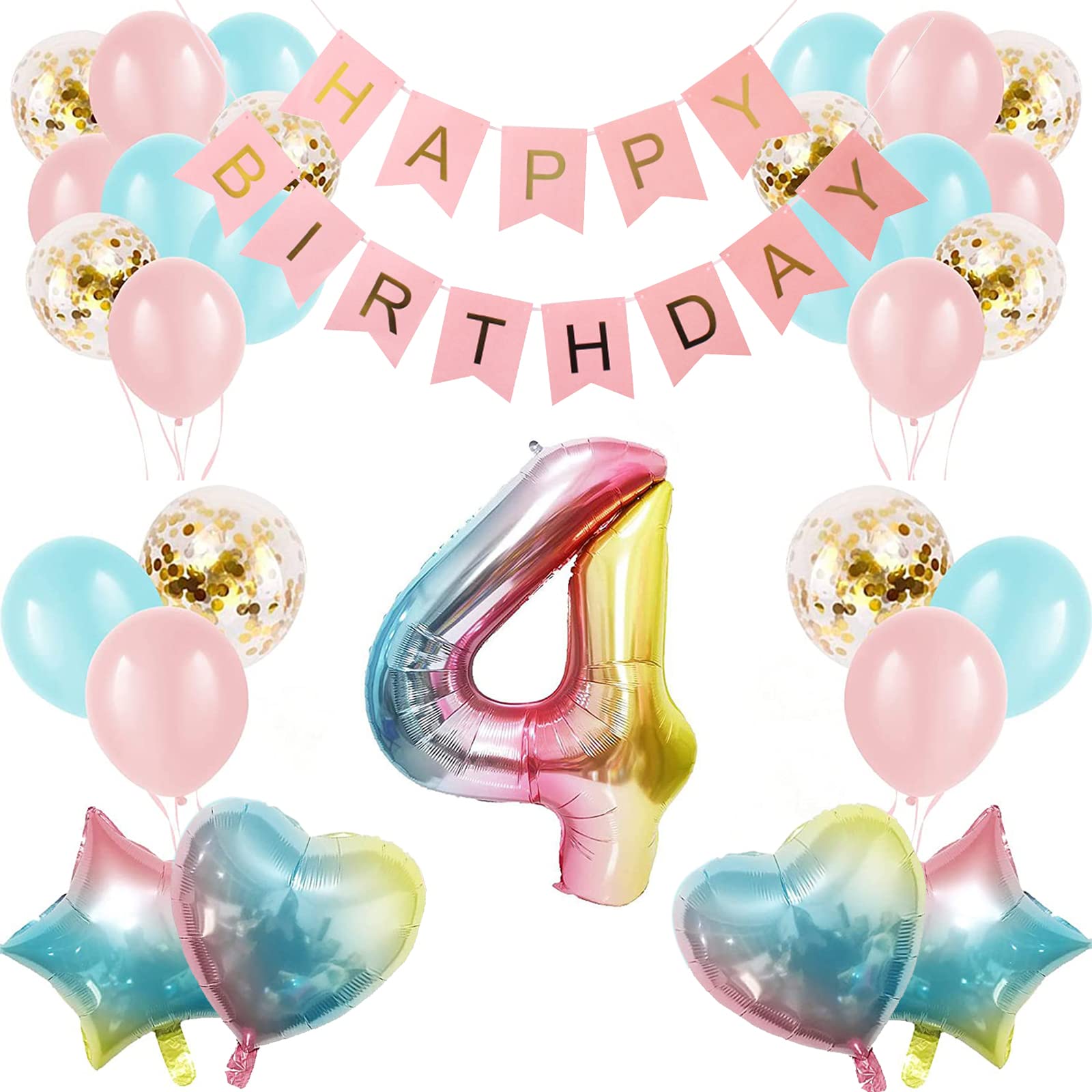 Girl 4th Birthday Decorations Gradient Color Age 4 Balloon Arch Kit with 40 inch Number 4 Foil Balloon Happy Birthday Banner & 28 Latex Balloons for Fourth Birthday Party (4th Birthday Balloon Set)