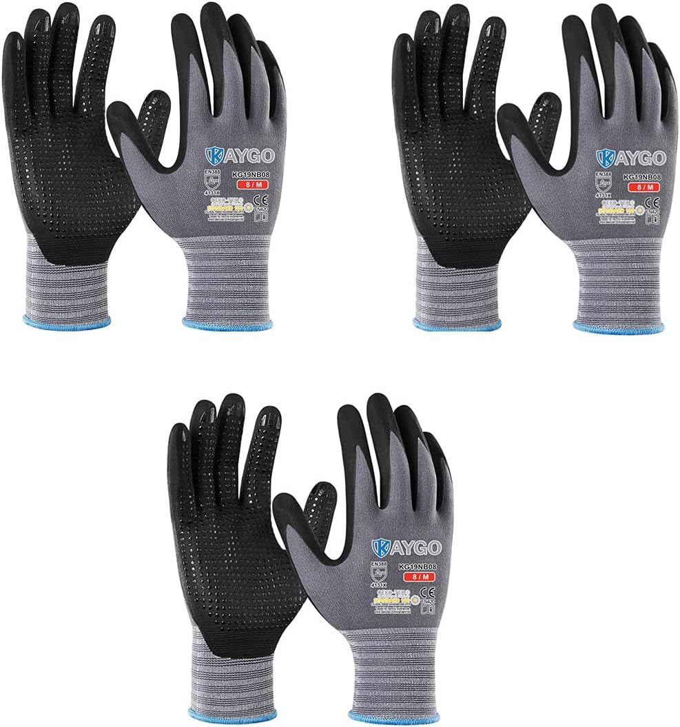 KAYGOMicroFoam Nitrile Coated Work Gloves, 3 Pairs KG19N Seamless Knit Nylon, Micro Dots for Enhanced Grip, Breathable and Durable, Ideal for Automotive, General Assembly, Painting, Gray, XLOEKO-TEX STANDARD 100