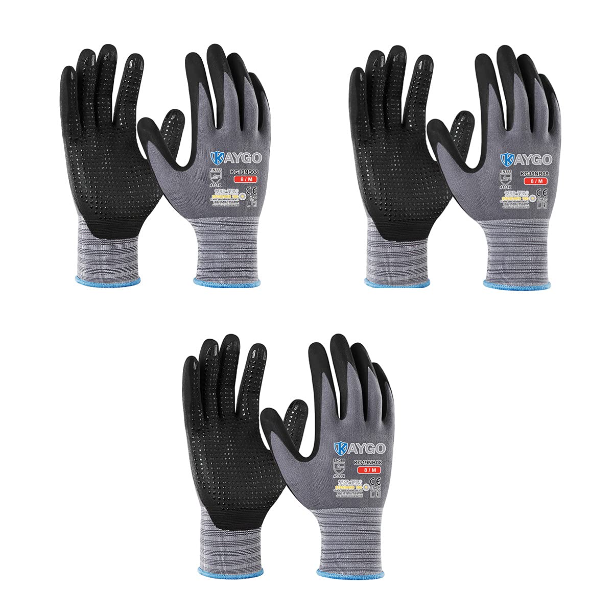KAYGOMicroFoam Nitrile Coated Work Gloves, 3 Pairs KG19N Seamless Knit Nylon, Micro Dots for Enhanced Grip, Breathable and Durable, Ideal for Automotive, General Assembly, Painting, Gray, XLOEKO-TEX STANDARD 100