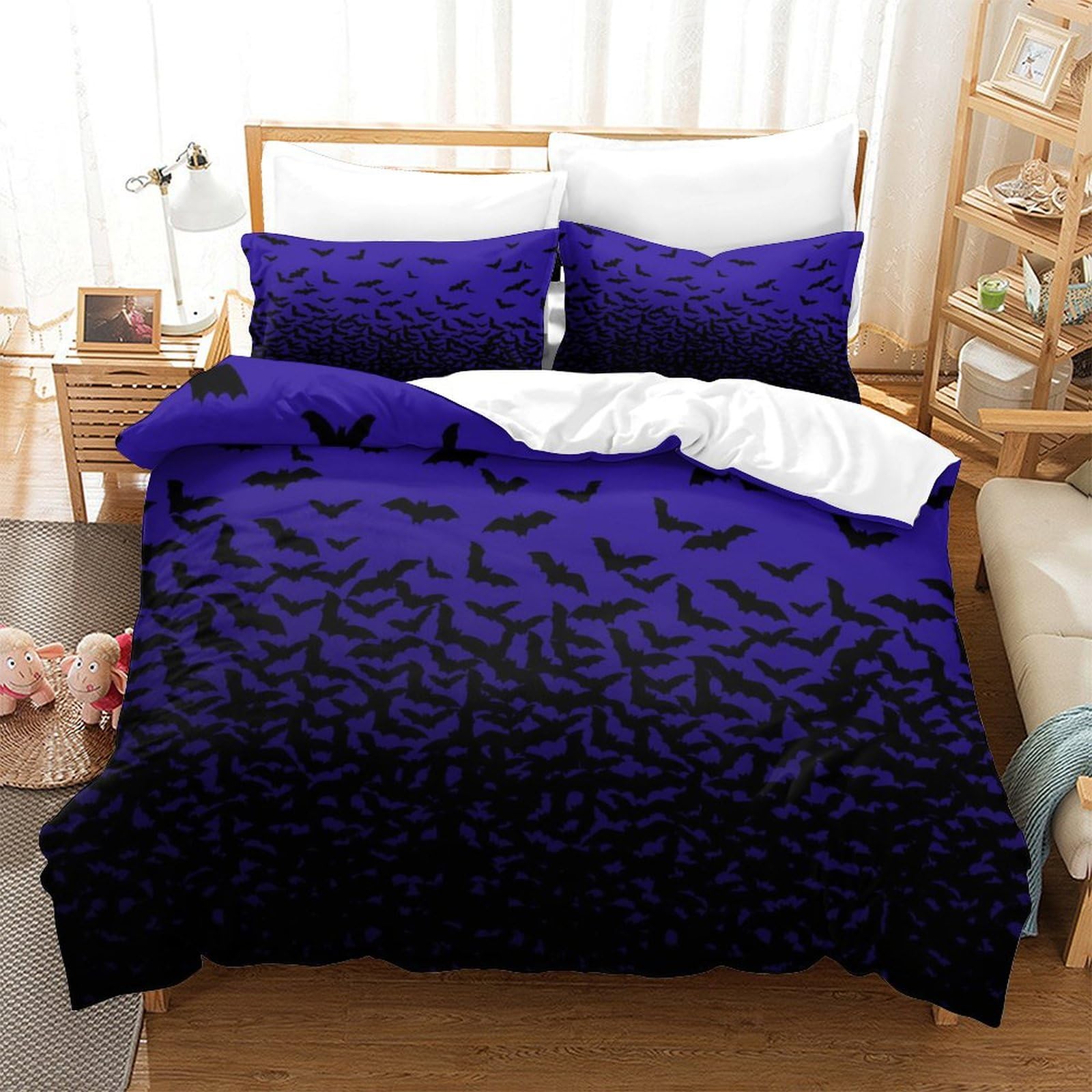 P1S9U7W5Y Gradient Blue Bat 3D Printed Duvet Cover Set 3pcs Microfiber Bat Bedding Set King