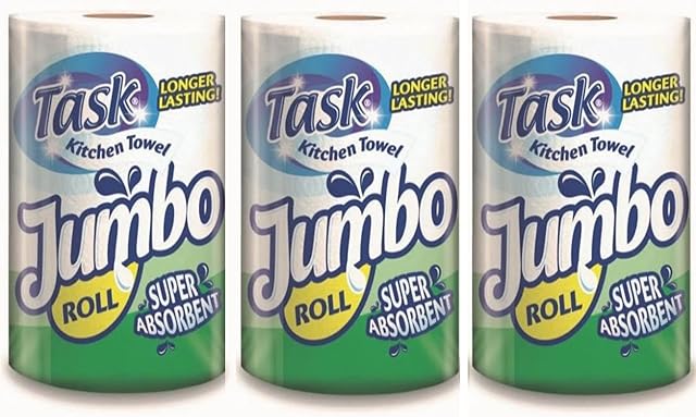 Opella Task Kitchen Towel Super Absorbent Jumbo Rolls  3X Jumbo Rolls  Ideal for Spills, Cleaning Windows and Messes All Around  All Purpose - Jumbo Size for Extra Use, White
