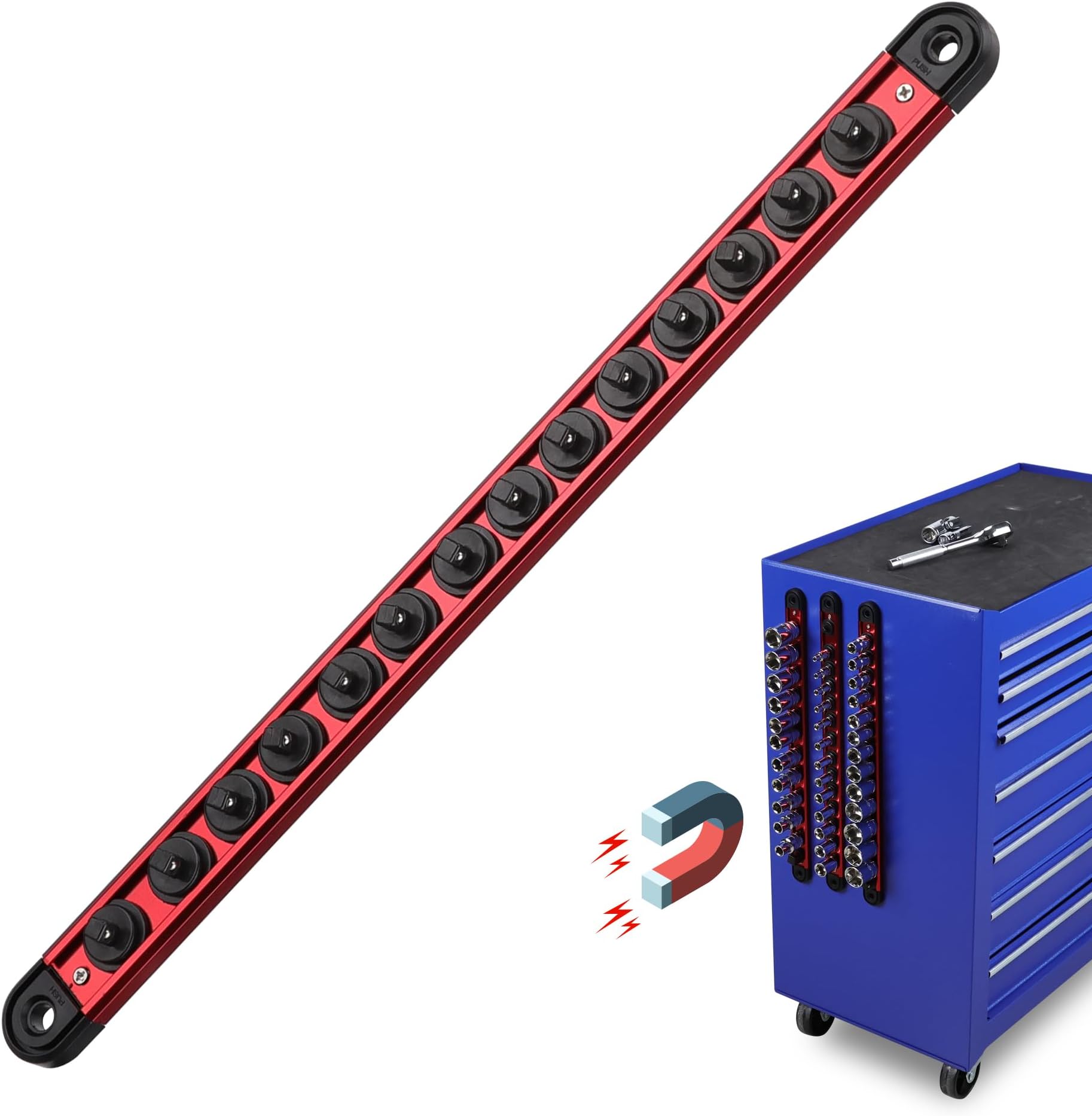1/2" Drive Magnetic Socket Organizer Rail - Heavy Duty Aluminum With 12 Swivel Clips (Blue)