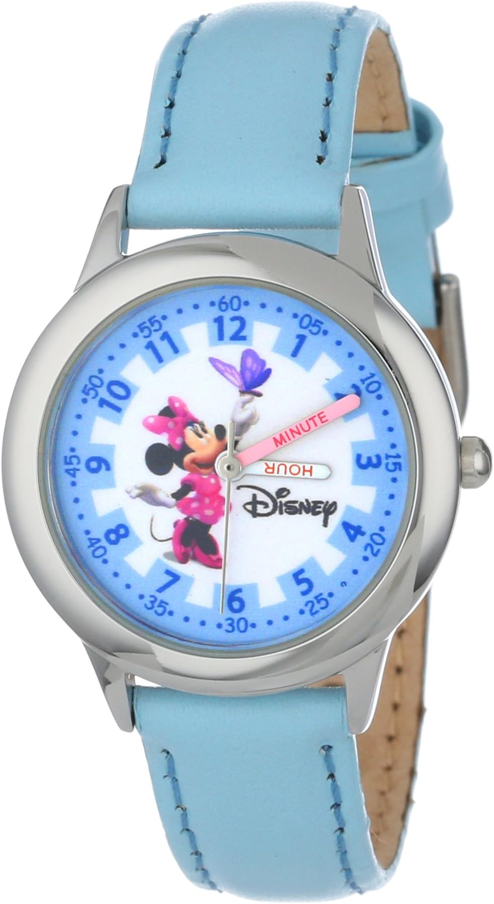 Disney By Ewatchfactory Kids Minnie Mouse Quartz Watch with White Dial Time Teacher Display and Blue Leather Strap W000040