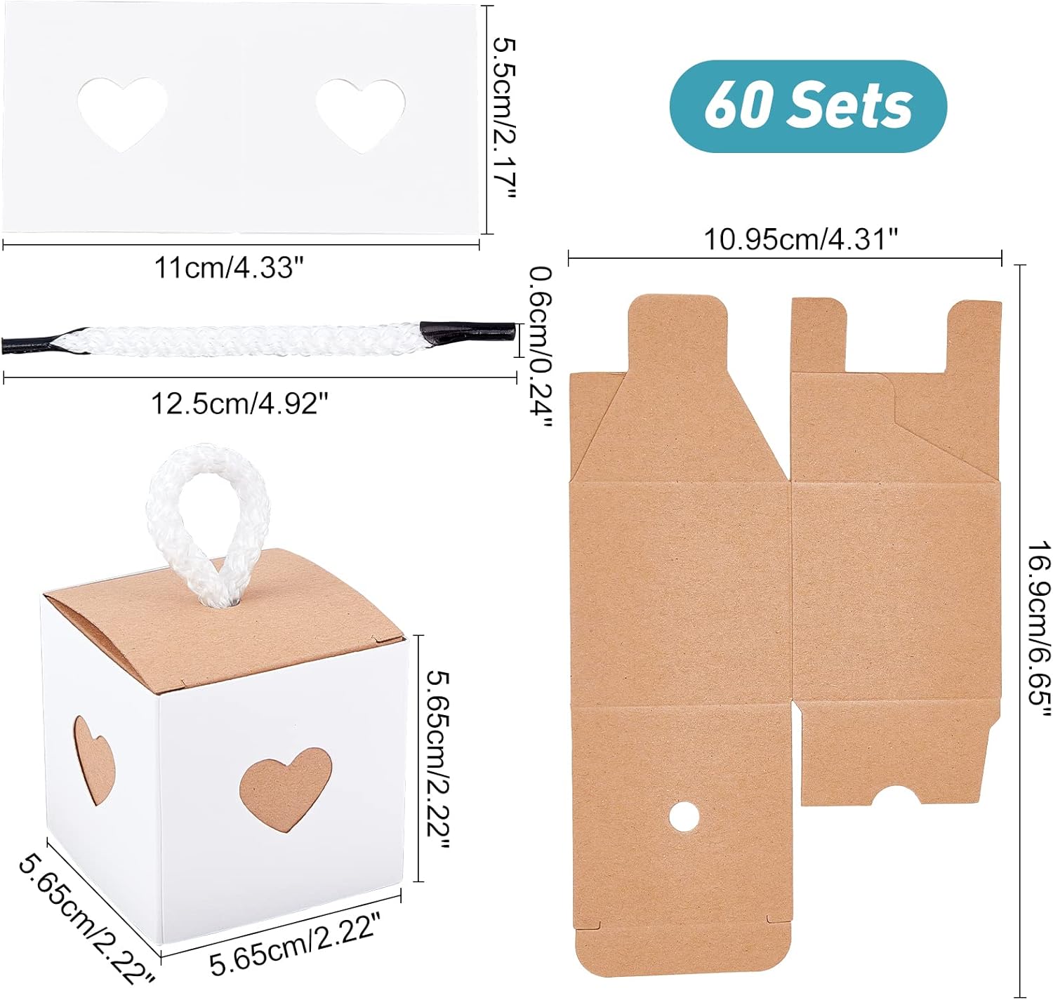 NBEADS 60 Pcs Kraft Paper Candy Box, Mini Square with Heart Window Candy Packaging Box Small Gift Wrap Boxes with Nylon Cord for Wedding Party Supplies