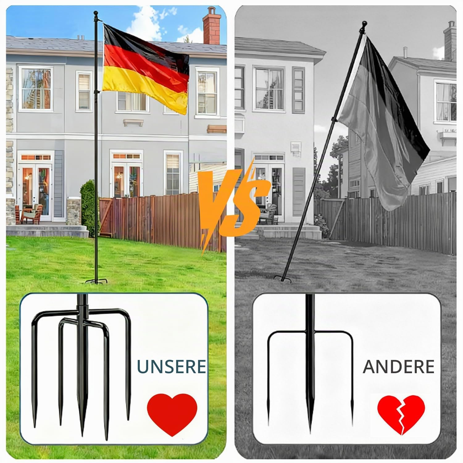 Fahnenmast, 3m, Aluminium, mit Erdspieß, für Garten und Terrasse