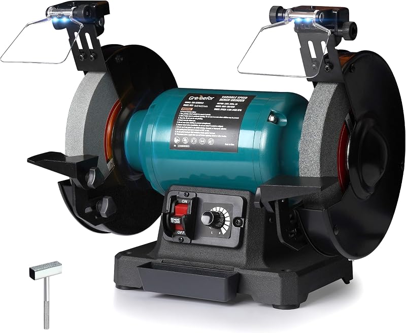 Amoladora de banco de velocidad variable de 6 pulgadas con tocador de muela abrasiva, motor de inducción sin escobillas de 1725 a 3450 RPM de 2,5 amperios, luz de trabajo LED, protectores oculares, base de hierro fundido para afilar, esmerilar y pulir