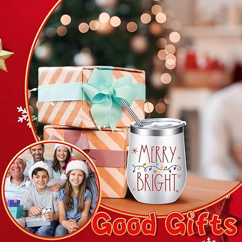 Miniatura 6 de 6 vasos de vino de acero inoxidable de Navidad de 12 onzas, vaso de vino aislado divertido con tapa, popote y cepillo, tazas de vino aisladas para