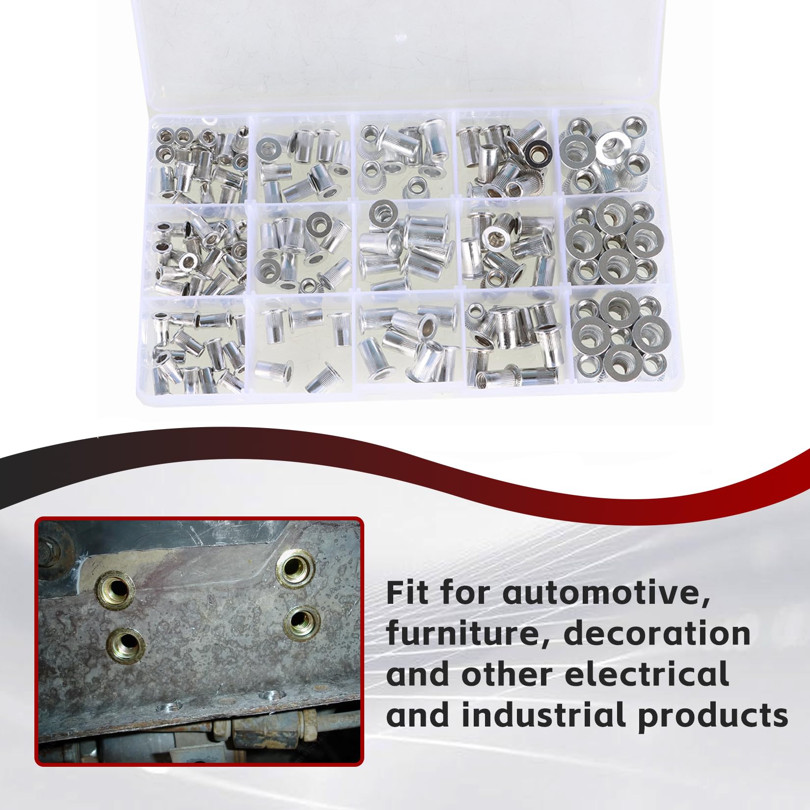Kit de 150 Tuercas remachables SAE (6-32, 8-32, 10-24, 10-32, 1/4-20) de Aluminio, con Cabeza Plana y Rosca. Surtido de Tuercas remachables.