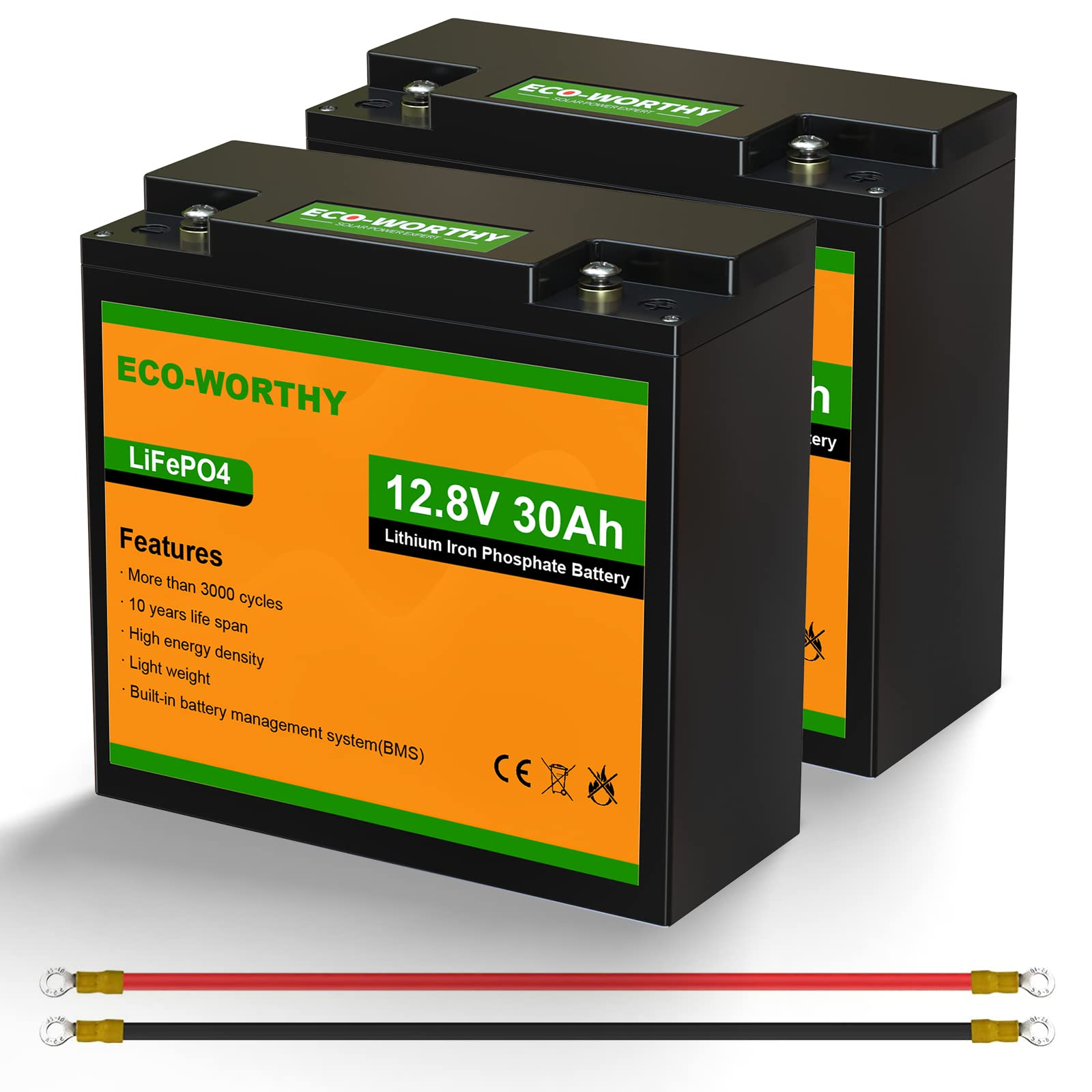ECO-WORTHY (2 Pack) 12V 30Ah LiFePO4 Lithium Iron Phosphate Battery Deep Cycle Rechargeable Battery,