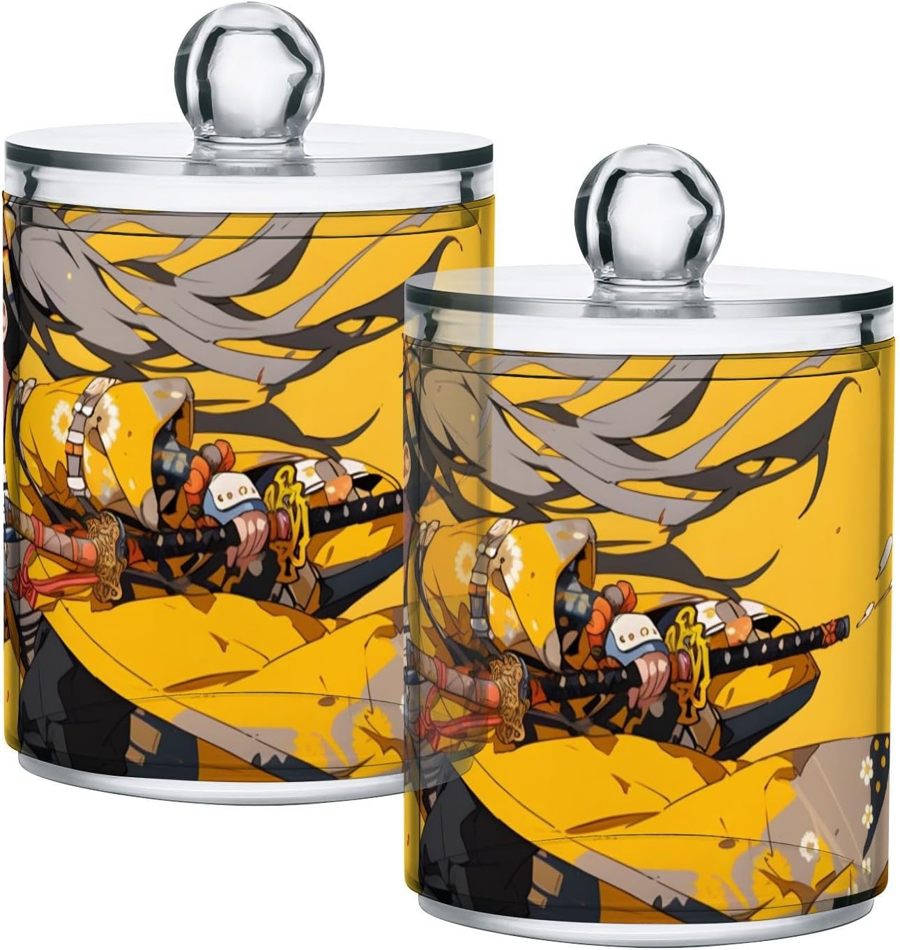 Anime Samurai Yellow Qtip Cotton Ball Holders Dispenser Lidded 2 Pack, Plastic Jar Bathroom Canisters Storage Organizers