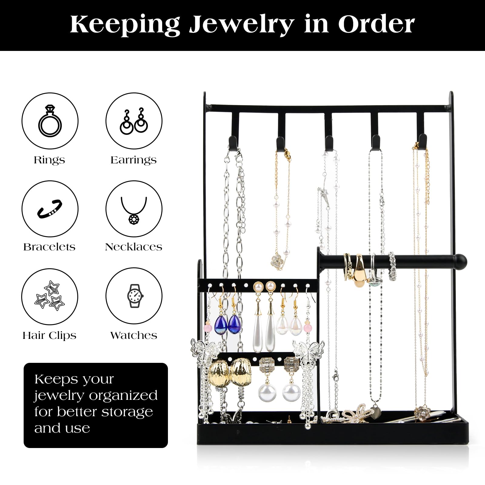 Présentoir à bijoux à 3 niveaux pour boucles d'oreilles, colliers, bracelets, petite tour de rangement esthétique (noir)