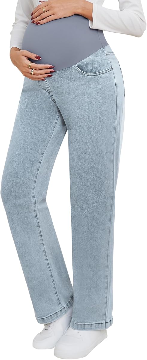 fitglam Pantalones vaqueros de maternidad para mujer, pierna recta, ajuste relajado sobre el vientre, pantalones vaqueros de trabajo, ropa de maternidad con bolsillos