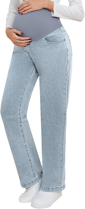 fitglam Pantalones jeans de maternidad para mujer, pierna recta, ajuste relajado sobre el vientre, pantalones jeans de trabajo, ropa de maternidad con bolsillos