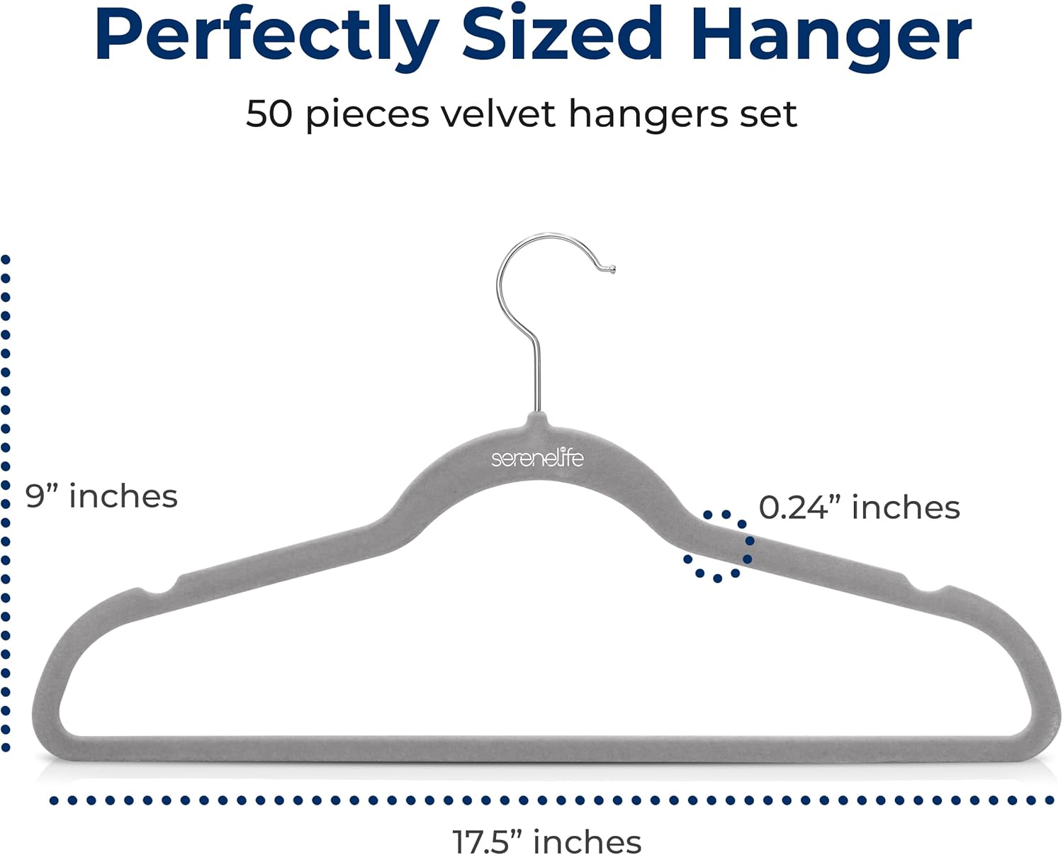 SereneLife 50 Pack Velvet Hangers - Non-Slip, 360° Swivel Hook - Ultra-Thin, Lightweight Velvet Hangers for Shirts, Sweaters, Hoodies, Kids Clothes & Dresses - Space-Saving Gray 50 Pack