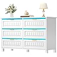 DWVO 6-Drawer Dresser for Room, White Wood Dresser with Charging Station and LED RGB Light, Chest of Drawers Storage Organizer TV Stand for 60'' TV for Room, Living Room, Closet, Entryway