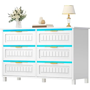 DWVO 6-Drawer Dresser for Room, White Wood Dresser with Charging Station and LED RGB Light, Chest of Drawers Storage Organizer TV Stand for 60'' TV for Room, Living Room, Closet, Entryway