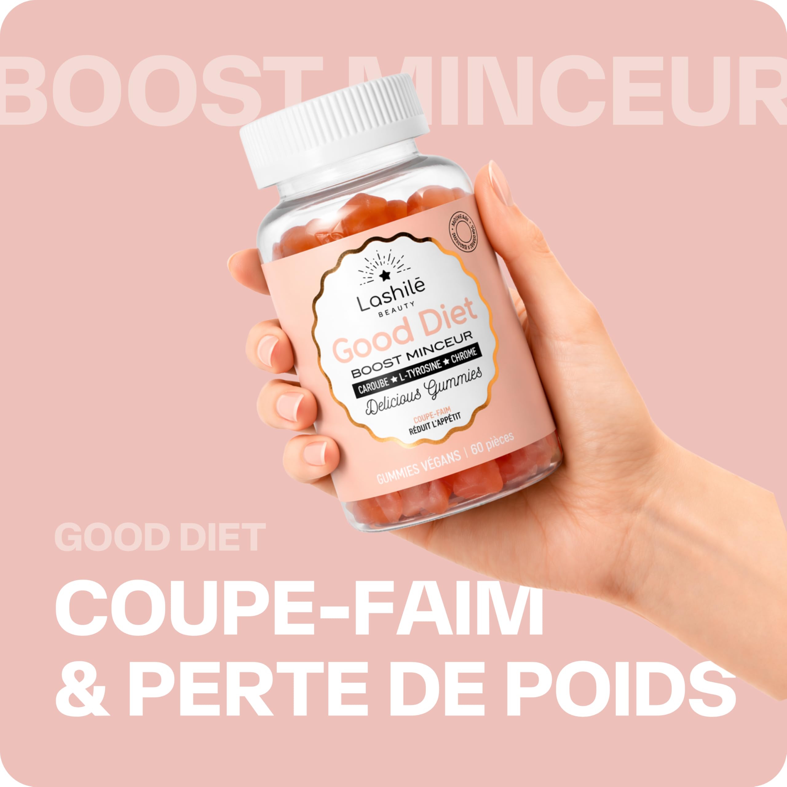 Lashilé Beauty - Gummies Coupe Faim - Coupe-Faim Puissant & Contrôle de l’Appétit - Good Diet - Complément alimentaire Minceur - Caroube Chrome L-Tyrosine - Cure 1 Mois 60 Gummies
