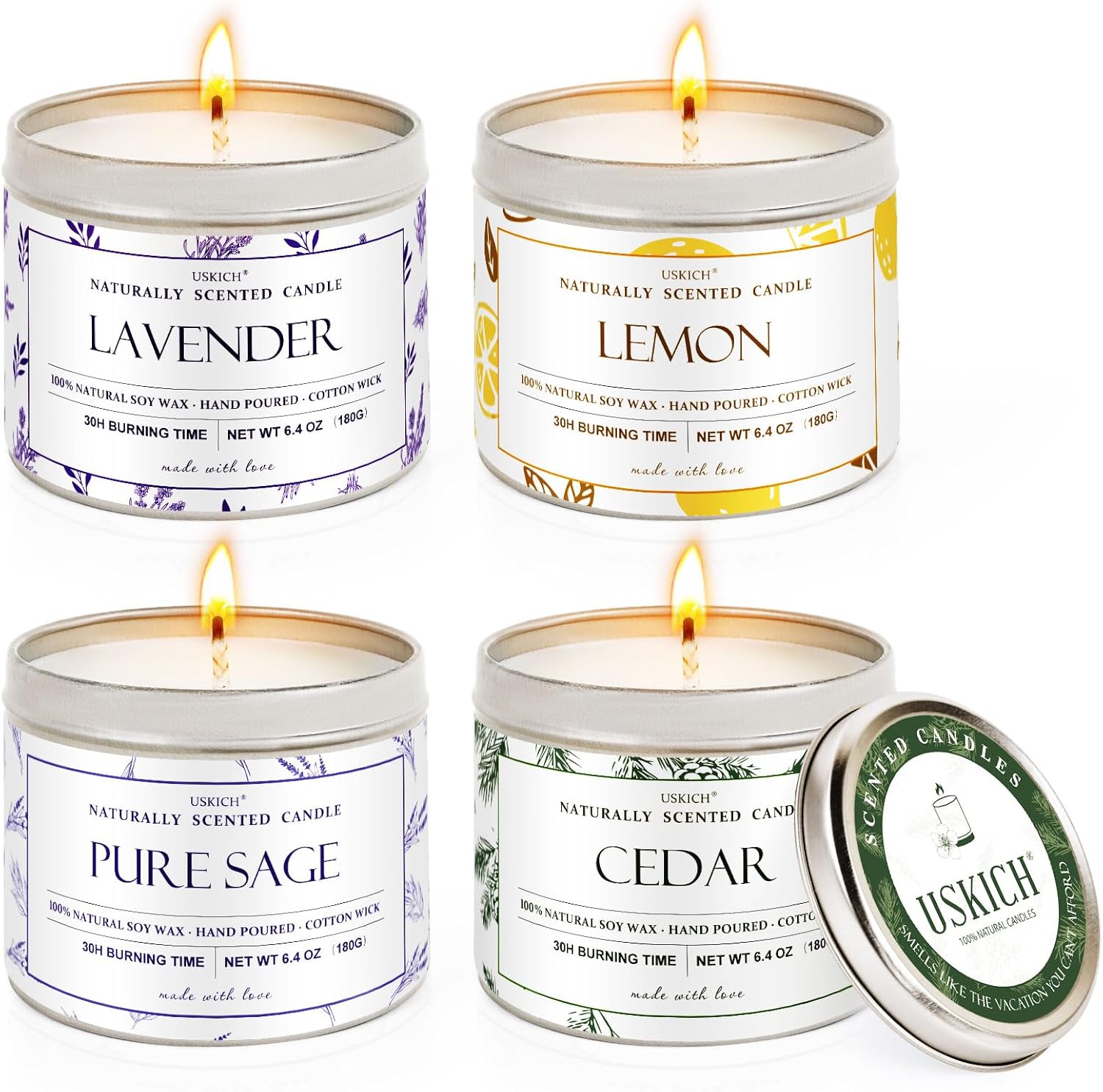 scented candles for home, 6.4 oz long lasting scented candles set,cedar candles for house & lavender candle for stress relief,lemon/puresage candles gifts for women& men-4 pack